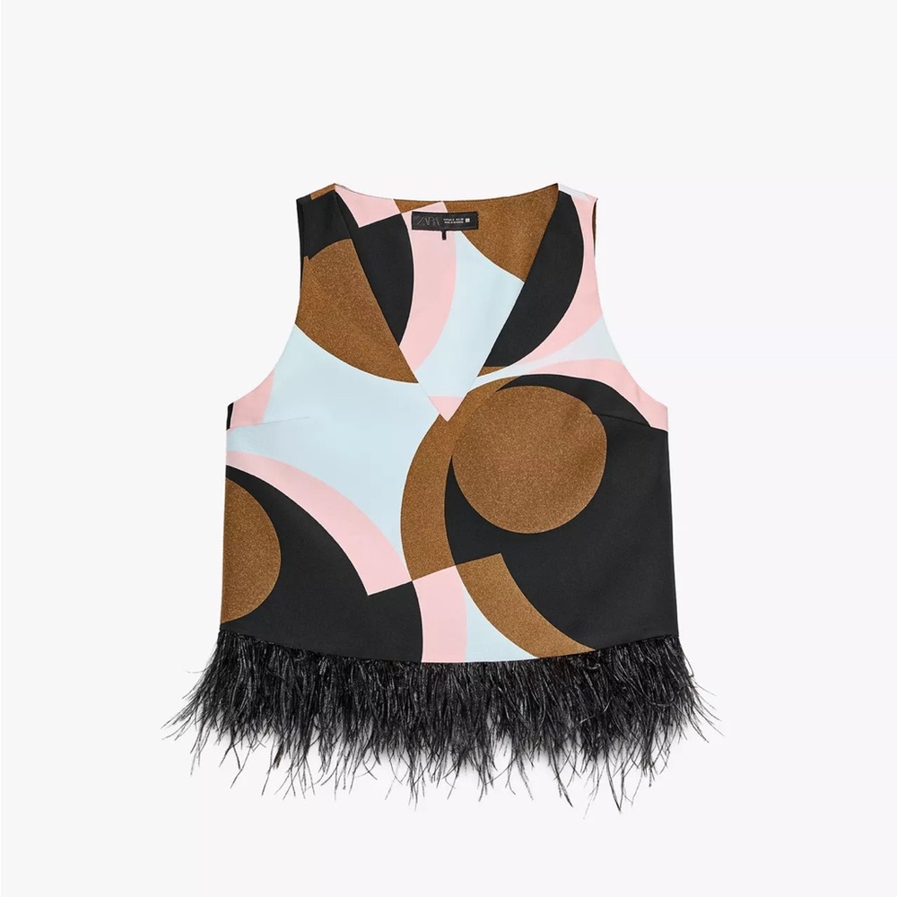 ZARA GEOMETRIC PRINT MINI FLARE PANTS & FEATHER HEM TOP SET